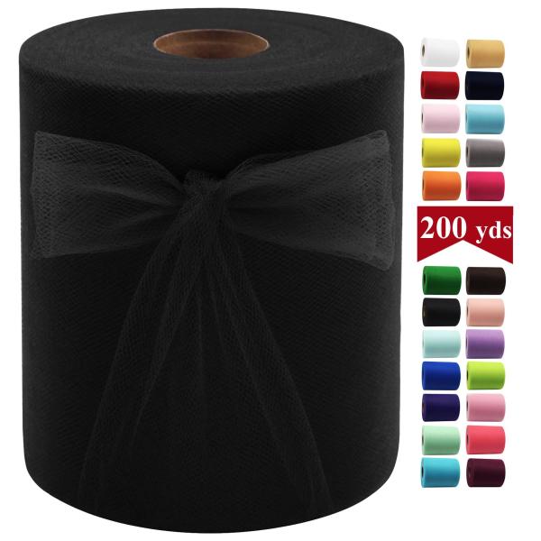 Black Tulle Fabric Rolls 6 Inch by 200 Yards (600 feet) Fabric Spool Tulle Ribbon for DIY Black Tutu Bow Baby Shower Birthday Party Wedding Halloween