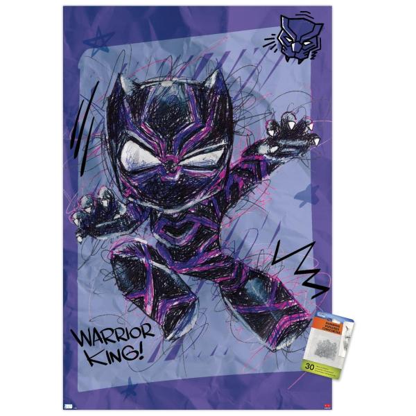 Trends International Marvel Black Panther - Scribble Wall Poster, 22.37" x 34.00", Premium Poster ＆ Push Pin Bundle