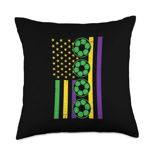 Mardi Gras US Flag Soccer Football Patriotic Men Women Kids Throw Pillow