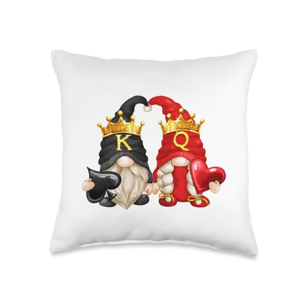 King Of Spades And Queen Of Hearts With Funny Garden Gnomes Throw Pillow