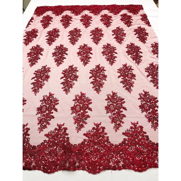 New Creations Fabric ＆ Foam Inc, 52/58" Wide Lexxi Embroidered with Clear Sequins On A Mesh Lace Fabric, Prom Fabric by The Yard (1 Yard, Burgundy)