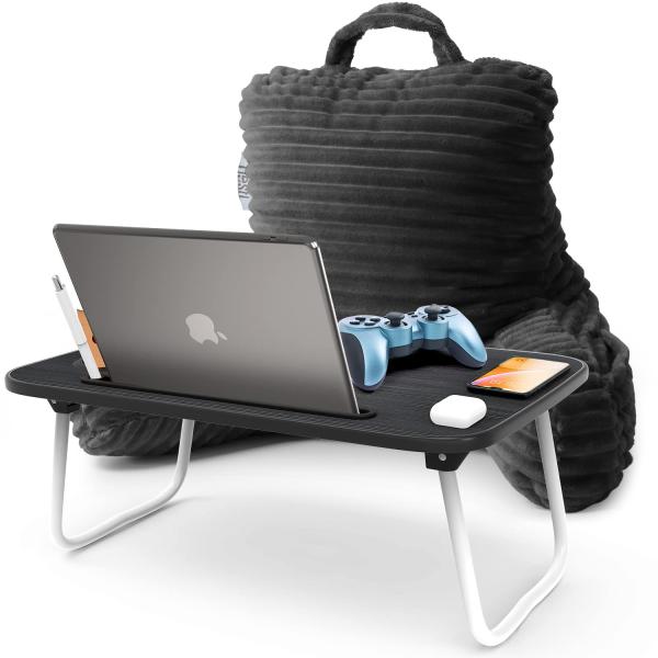 Nestl Dark Grey Reading Pillow with Bed Desk for Laptop and Writing, Luxe Cut Plush Back Pillow for Sitting Up, Back and Arms Adjustable Support for K