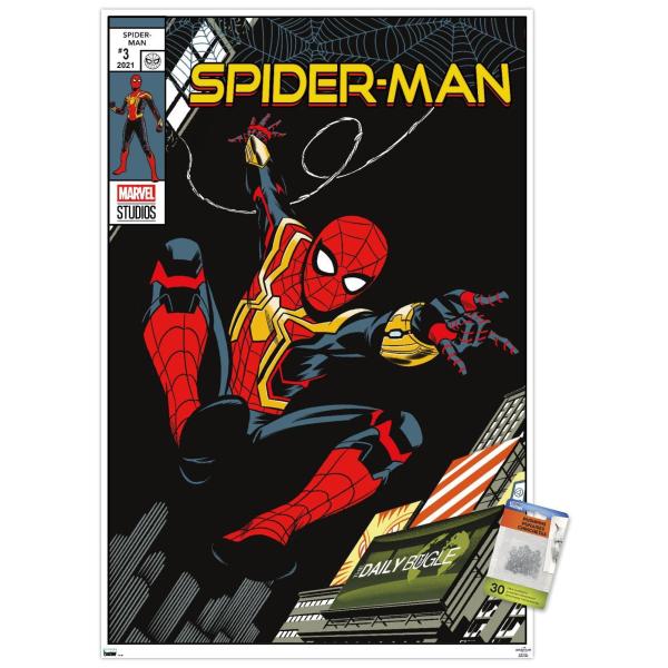 Trends International Marvel Spider-Man: No Way Home - Swinging Comic Wall Poster, 22.37" x 34.00", Premium Poster ＆ Push Pin Bundle