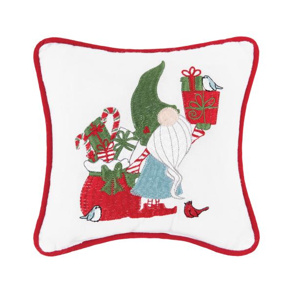 C＆F Home Gnome Presents Embroidered Throw Cotton Small Petite Accent Pillow 8" x 8" 8" x 8" White