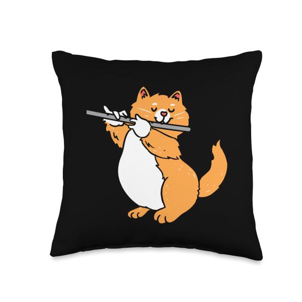 Cat Playing Flute Flutist Throw Pillow