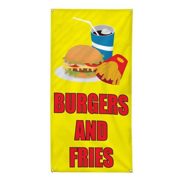 Vertical Vinyl Banner Multiple Sizes Burger and Fries Yellow Food and Drink Restaurant and Food Outdoor Weatherproof Industrial Yard Signs 4 Grommets