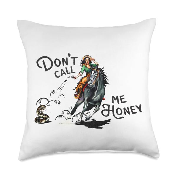Don't Call Me Honey Retro Western Pinup Cowgirl On A Horse Throw Pillow