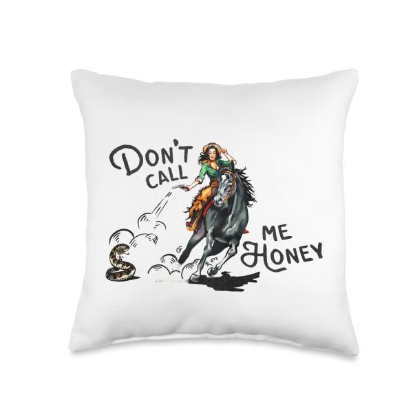 Don't Call Me Honey Retro Western Pinup Cowgirl On A Horse Throw Pillow