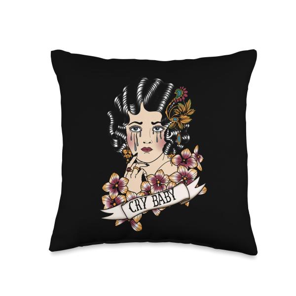Cry Baby American Traditional, Old School Lady Tattoo Throw Pillow