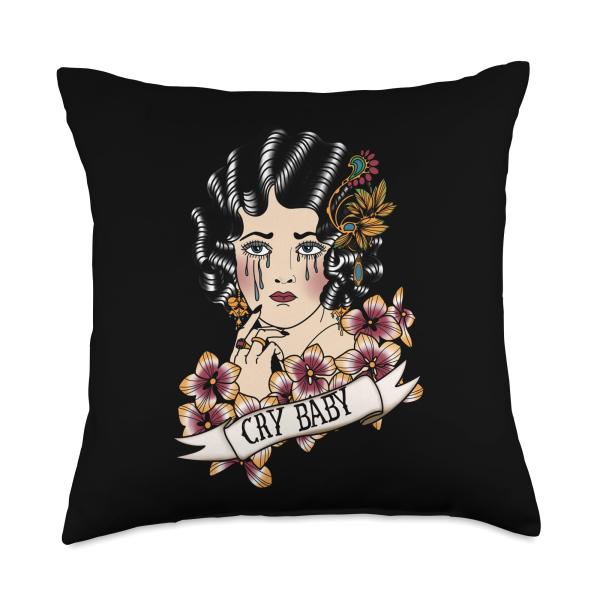 Cry Baby American Traditional, Old School Lady Tattoo Throw Pillow