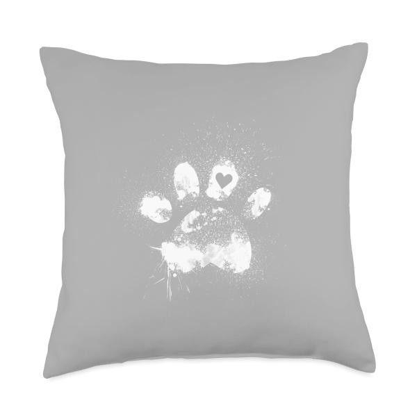 Cute Dog Paw Print Heart Love Minimalist on Grey Gray Throw Pillow