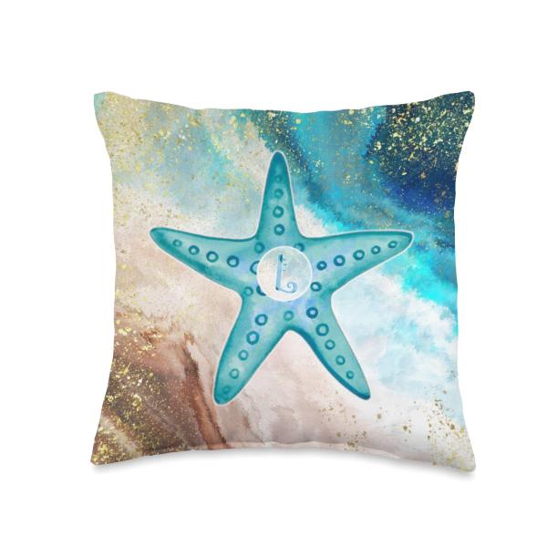 Letter L Initial Monogram Teal Starfish Beach Sand Lover Sea Throw Pillow