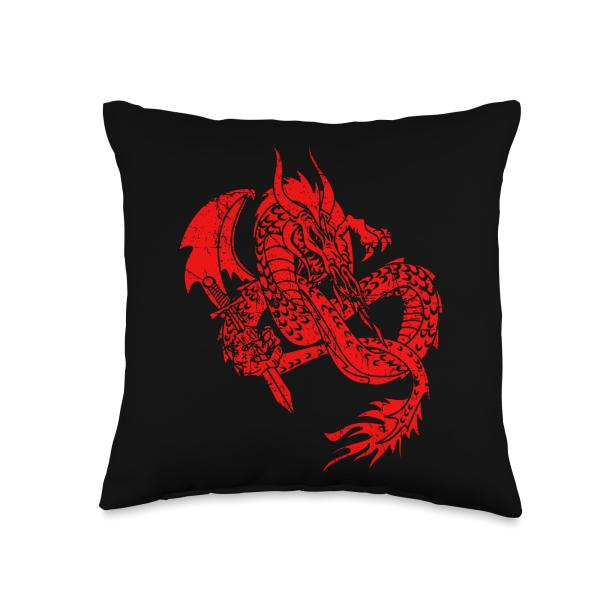 Mystical Fire Breathing Dragon with Sword Distressed Design Throw Pillow