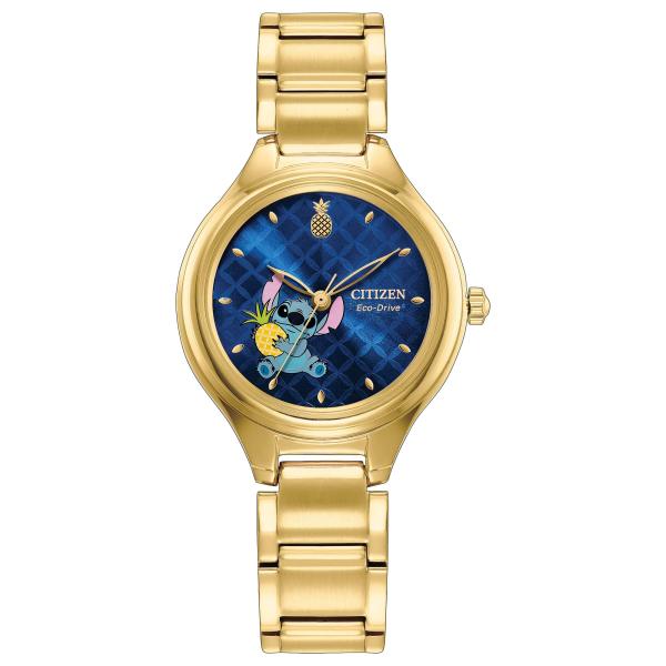 CITIZEN Ladies Eco-Drive Disney Stitch: 29mm Gold-Tone Case (FE2108-59W)