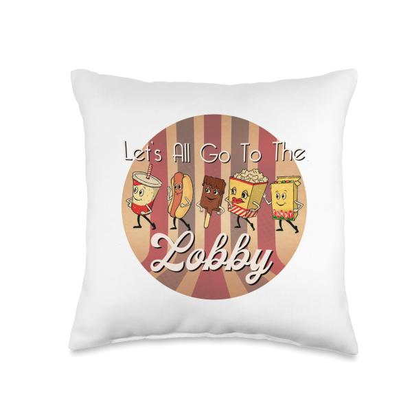 LET'S ALL GO TO THE LOBBY Cute Retro Movie Theatre Throw Pillow