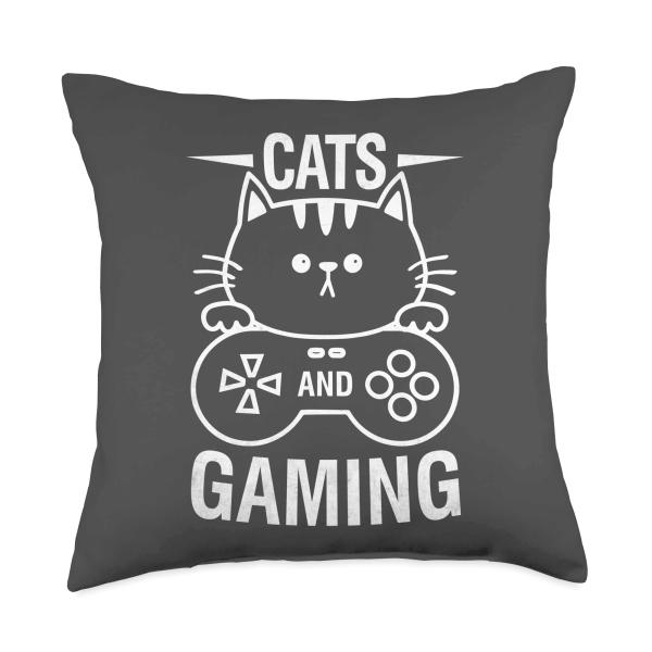 Cats And Gaming Funny Cat Lover Gaming Gift Gamer Throw Pillow