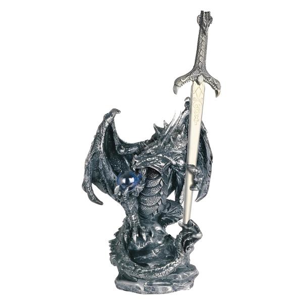 ICE ARMOR 12.7 cm H 中世 シルバー ドラゴン 抱っこ ブルー 宝石 剣 守護者 置物 - 精巧に描かれた神話のドラゴンの置物彫刻、ファンタジー愛好家のための手描