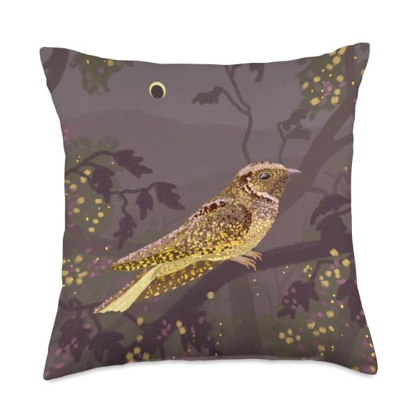Whippoorwill Bird in a Night Forest Throw Pillow