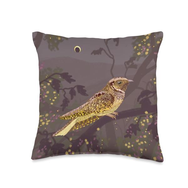 Whippoorwill Bird in a Night Forest Throw Pillow
