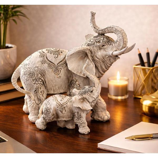 Large 8.25" W Decorative White Elephant and Baby with Tattoo Statue Feng Shui Decoration Religious Figurine Office Desk/Home/Living Room/Table Decor,