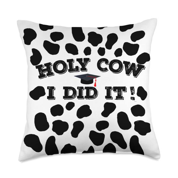 Holy Cow I Did It Funny Cow Print Graduation Congratulations Throw Pillow