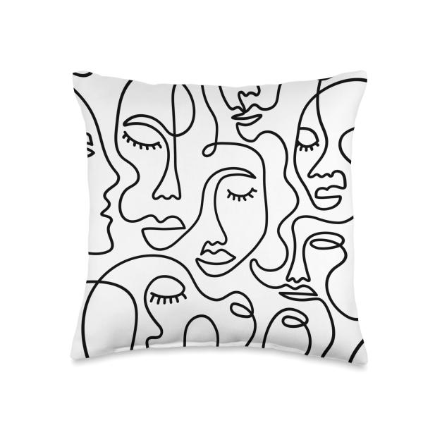 Black And White Line Art Joined Faces With One Line Throw Pillow