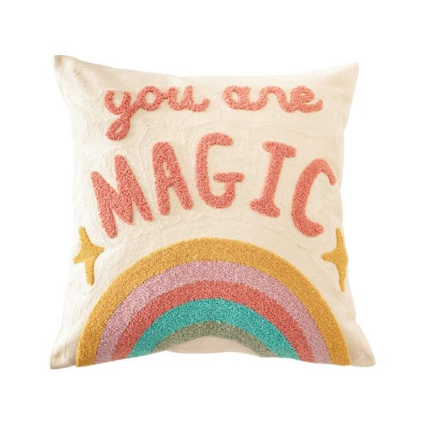 Fennco Styles Embroidered You are Magic Decorative Cotton Throw Pillow Cover 17" W x 17" L - Rainbow Cushion Case for Kids Room, Playroom, Bedroom, Li