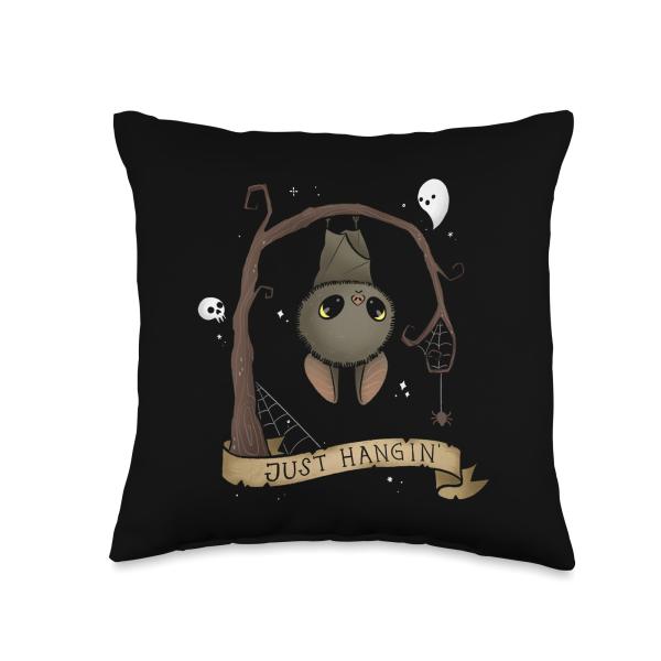 Just Hangin Bat Cute Halloween Animal Spooky Adorable Goth Throw Pillow