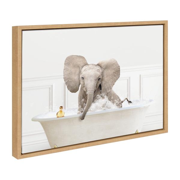 Kate and Laurel Sylvie Baby Elephant No4 In Bubble Bath Neutral Style Framed Canvas Wall Art by Amy Peterson Art Studio; 18x24 Natural; Chic Animal Ar