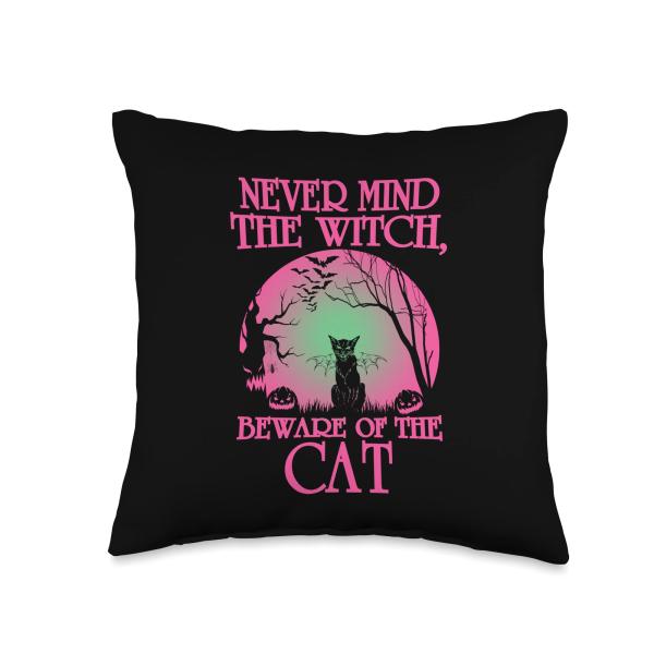Never Mind The Witch Beware Of The Cat Funny Scary Halloween Throw Pillow