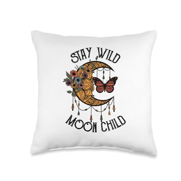 Retro Stay Wild Moon Child Floral moon butterfly Hippie Boho Throw Pillow