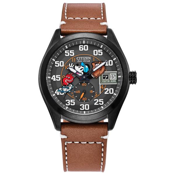 CITIZEN エコドライブ ミッキーマウス ベースボール メンズ腕時計 BV1089-05W 43mm ブラックIPステンレス ブラウンレザー 100m防水 ディズニーコレクション