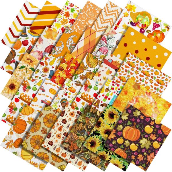 Shimeyao 60 Pieces Thanksgiving Fabric Bundles 10 x 10 Inch Thanksgiving Leaves Pumpkin Patchwork Squares Fabric for Harvest Holiday DIY Craft Sewing