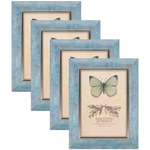 XUANLUO Picture Frames Set Rustic Retro Photo Frame with Tempered Glass Wall Mount and Tabletop Display Family Friends Wedding Gift (5 x 7 inch, Blue-
