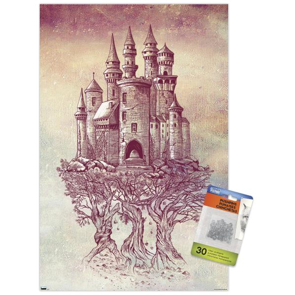 Trends International Rachel Caldwell - Castle in Trees Wall Poster, 14.725" x 22.375", Premium Poster ＆ Push Pin Bundle