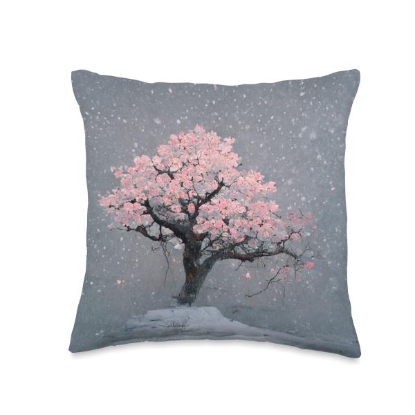 Blossom Cherry Tree in the Snow in the Evening Painting Art Throw Pillow