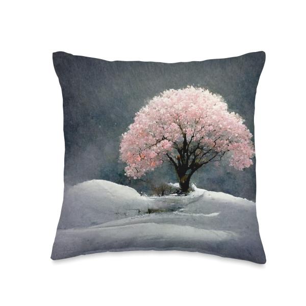 Blossom Cherry Tree in the Snow in the Evening Painting Art Throw Pillow