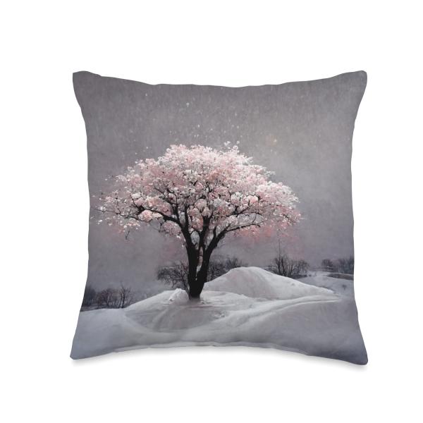 Blossom Cherry Tree in the Snow in the Evening Painting Art Throw Pillow