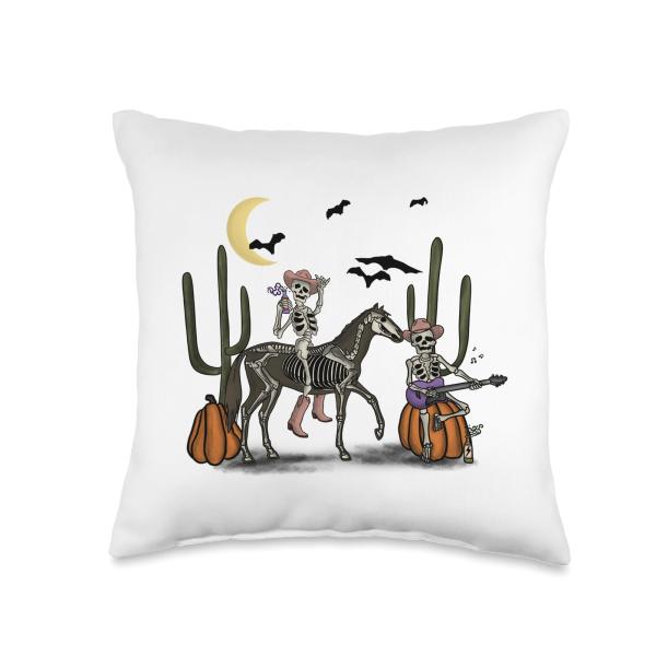 Cowboy Skeletons Drinking Desert Retro Western Halloween Throw Pillow