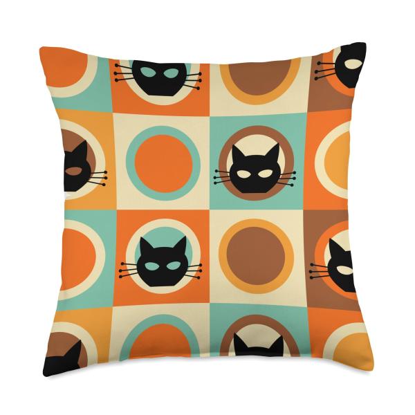 Midcentury Mid Century Cat Retro Atomic Age Shape Circles Throw Pillow