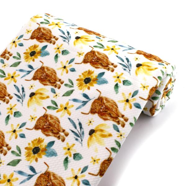 Sunflowers Highlander Cow Printed Liverpool Bullet Fabric Textured Knit 4 Way Stretch - 1 Yard