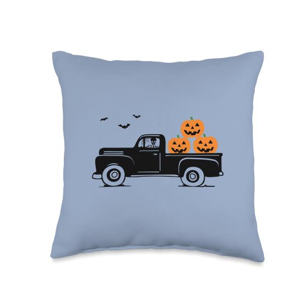 Spot ＆ Tiger Halloween Black Truck Spooky Halloween Skeleton Jack O Lanterns Bats Throw Pillow, 16x16