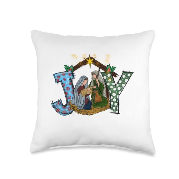 Christmas Manger Nativity Scene Joy through Jesus Christ Throw Pillow