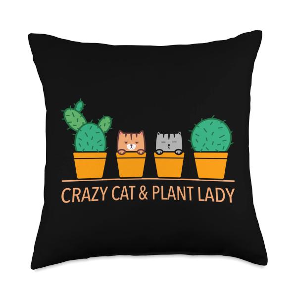 Funny Crazy Cat ＆ Plant Lady Cactus Pet Lover Mom Gag Outfit Throw Pillow