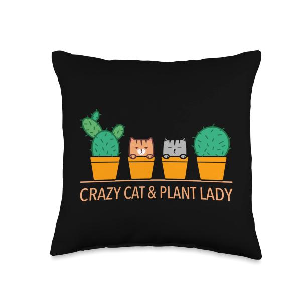 Funny Crazy Cat ＆ Plant Lady Cactus Pet Lover Mom Gag Outfit Throw Pillow