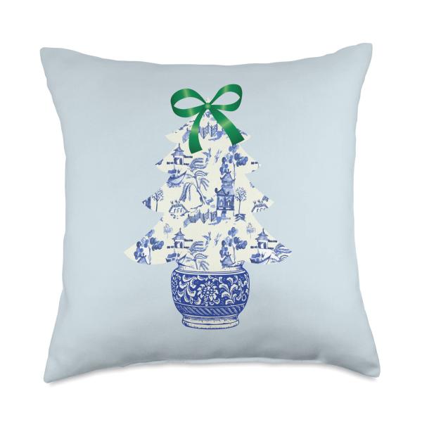 Chinoiserie Christmas Winter Blue Willow Home Decor Hanukkah Throw Pillow