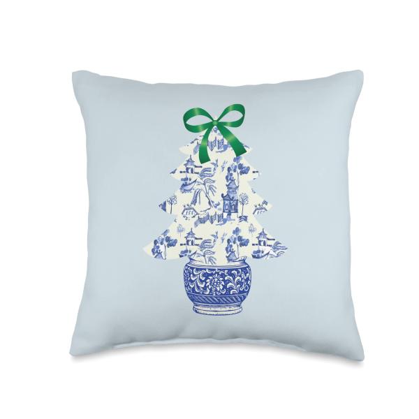 Chinoiserie Christmas Winter Blue Willow Home Decor Hanukkah Throw Pillow