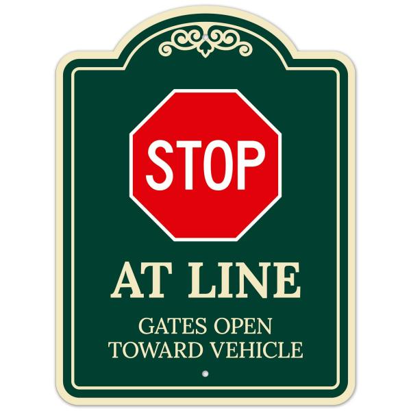 Stop at Line Gates Open Toward Vehicle D〓cor Sign, Green Dark, 18x24 Inches, ACM, Fade Resistant, Made in USA