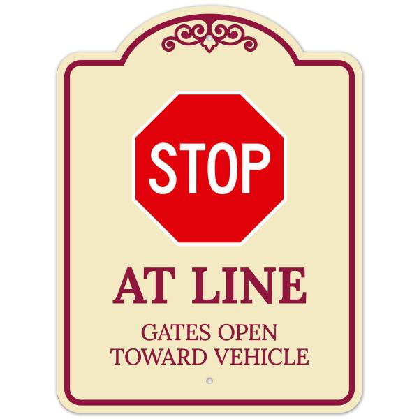 Stop at Line Gates Open Toward Vehicle D〓cor Sign, Burgundy Light, 18x24 Inches, ACM, Fade Resistant, Made in USA