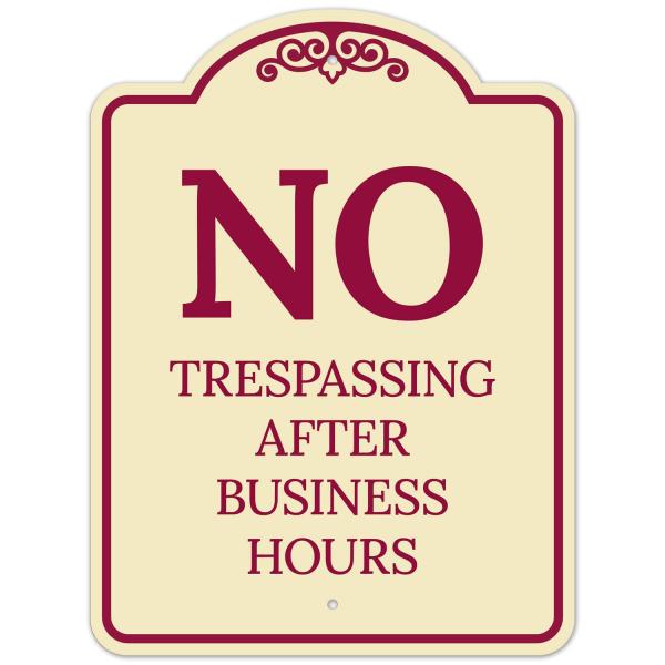 No Trespassing After Business Hours D〓cor Sign, Burgundy Light, 18x24 Inches, ACM, Fade Resistant, Made in USA